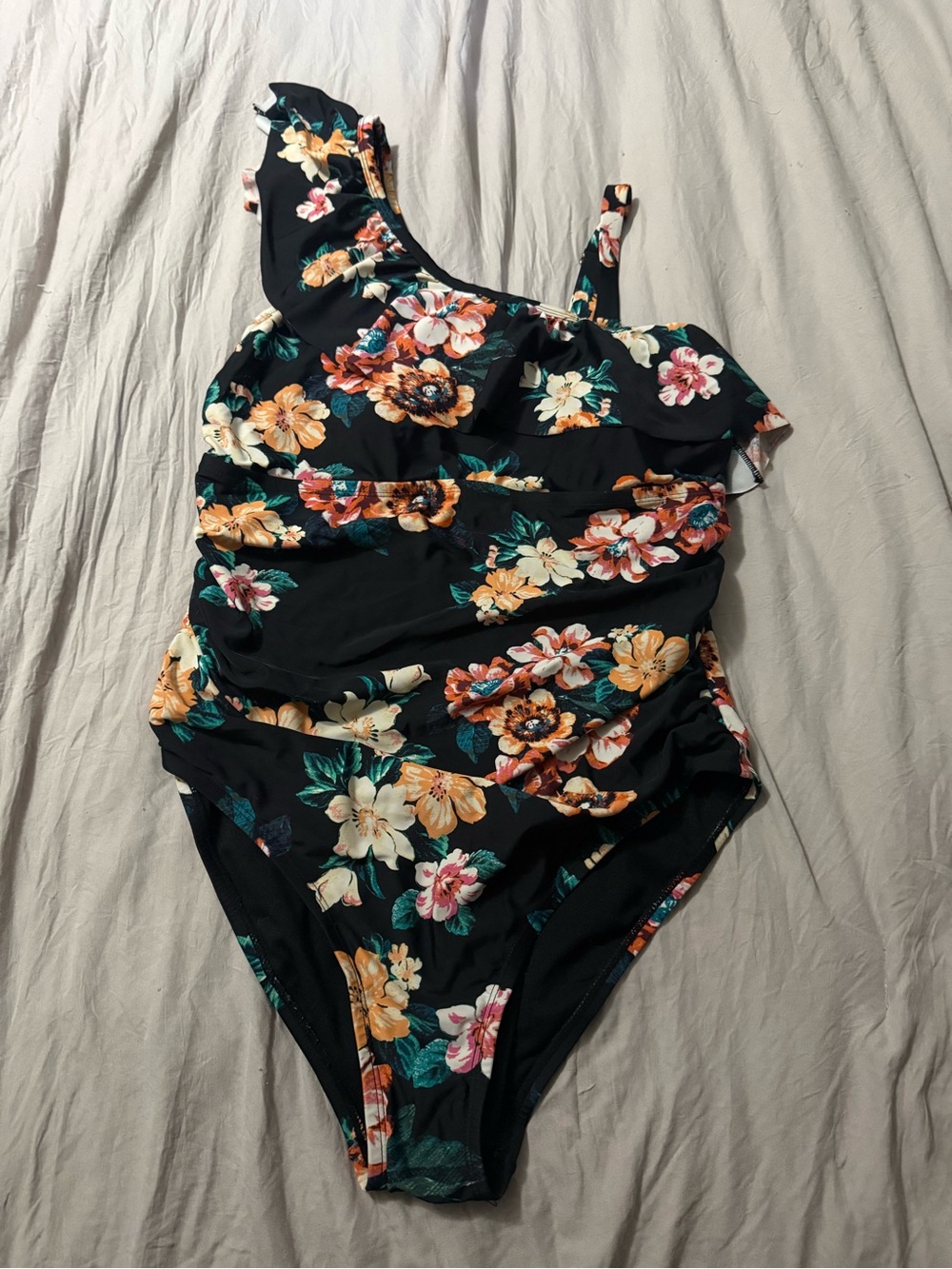 Black Floral One-Shoulder Ruffle One-Piece Swimsuit
